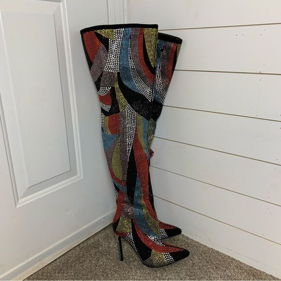 AZALEA WANG Glamoraour EMBELLISHED STILETTO BOOT thigh high 4in heel woman’s 7 - Picture 9 of 9